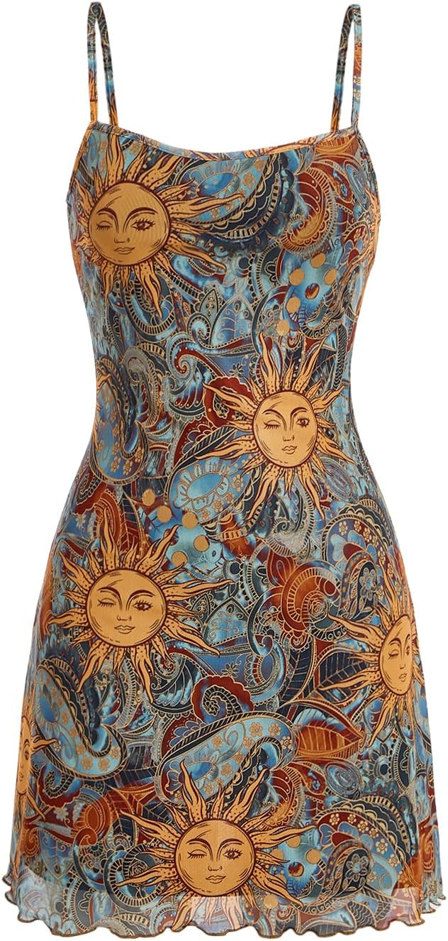 Women's Vintage 90s Mini Dress Spaghetti Strap Boho Mesh Short Dresses Small Allover Sun Print Multicolor