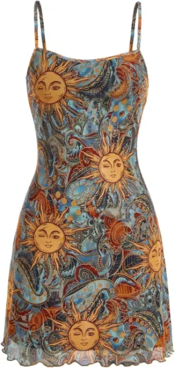 Women's Vintage 90s Mini Dress Spaghetti Strap Boho Mesh Short Dresses Small Allover Sun Print Multicolor