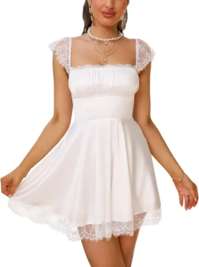Women's Satin Lace Strap Mini Dress Square Neck Flowy A-Line Ruffle Swing Casual Short Dresses Medium White