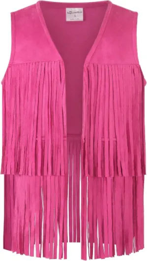 Girls Suede Fringe Vest Sleeveless Boho Tassels Jacket Cardigan (4-14 Years) 11-12 Years Hot Pink