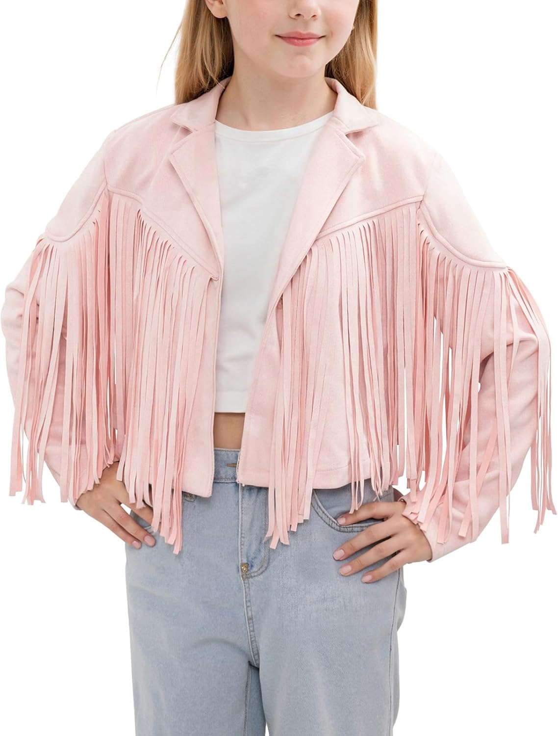 Girls Fringe Faux Suede Leather Jackets Kids Western Tassels Motorcycle Cardigan Cropped Coats (5-14 Years) 7-8 Years Pink