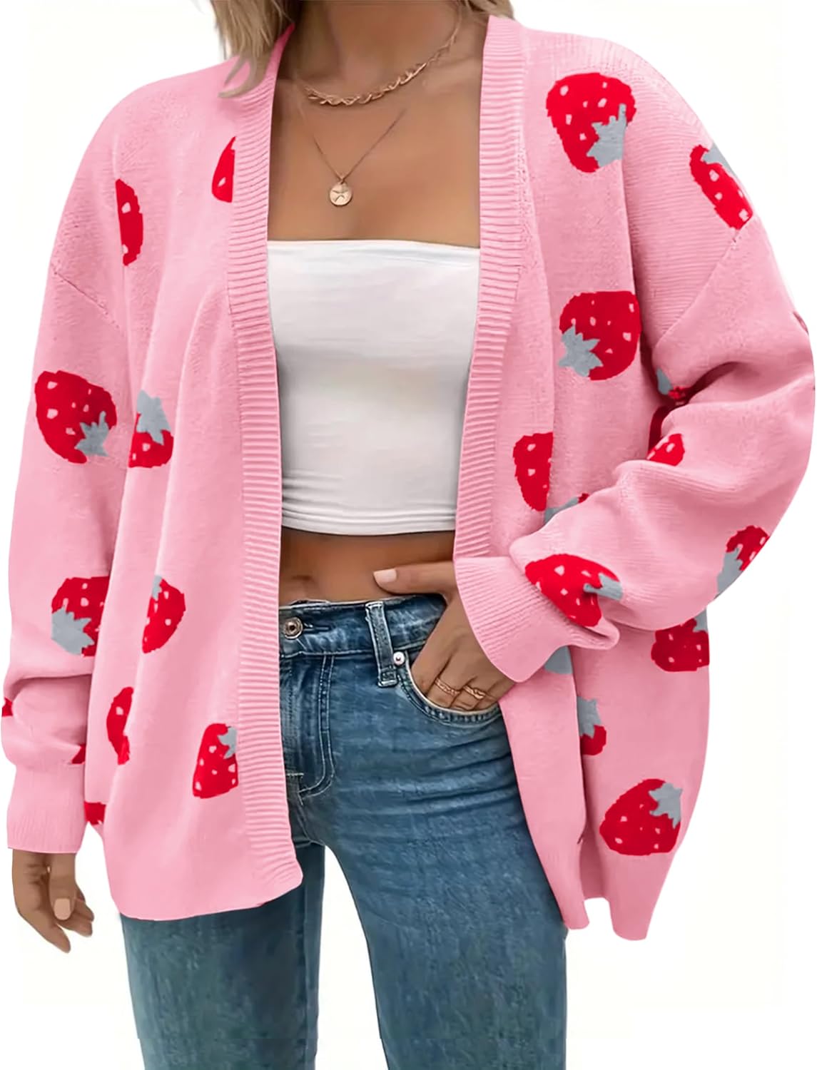 Women's Plus Size Strawberry Floral Print Long Sleeve Open Front Knit Cardigan Sweater X-Large Pink