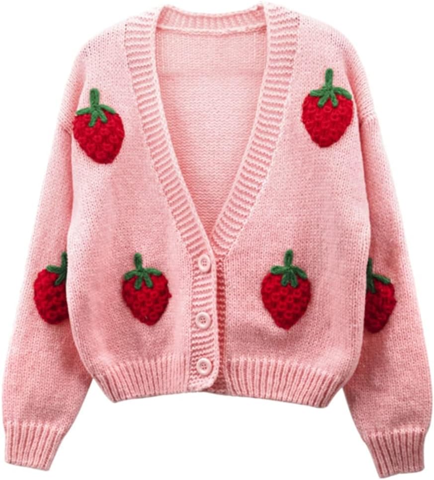 Women's Strawberry Print Button Down Long Sleeve V Neck Crop Cardigan Sweater One Size Pink