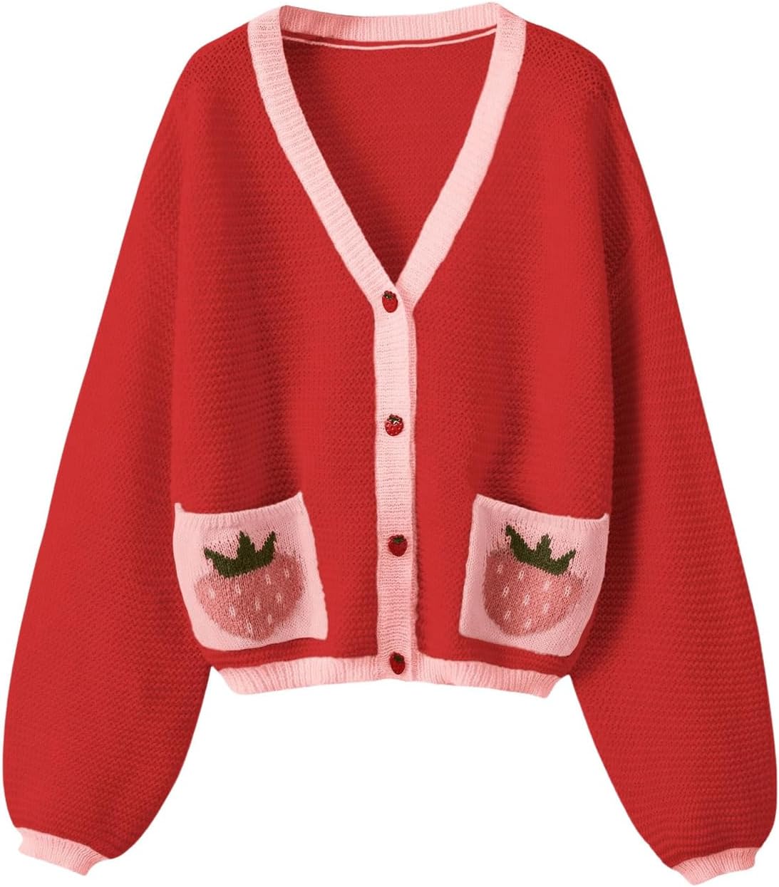 Women's Kawaii Strawberry Pattern Cardigan Long Sleeve Open Front Casual Fall Sweater Large Red