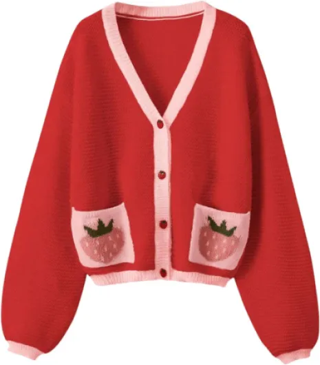 Women's Kawaii Strawberry Pattern Cardigan Long Sleeve Open Front Casual Fall Sweater Large Red