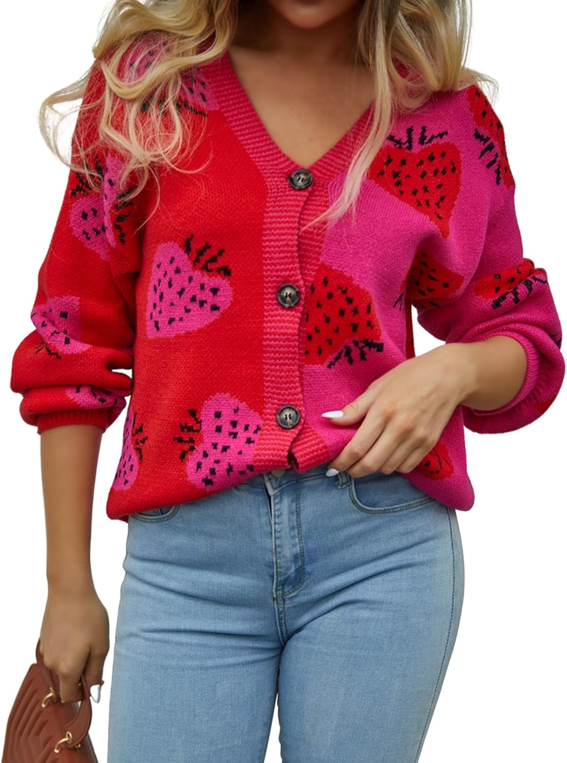 Women Floral Cropped Cardigan: Fall Long Sleeve Open Front Fuzzy Daisy Print Knit Sweaters Casual Y2k Outerwear Medium Strawberry(red)