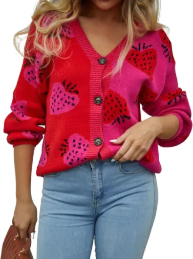 Women Floral Cropped Cardigan: Fall Long Sleeve Open Front Fuzzy Daisy Print Knit Sweaters Casual Y2k Outerwear Medium Strawberry(red)