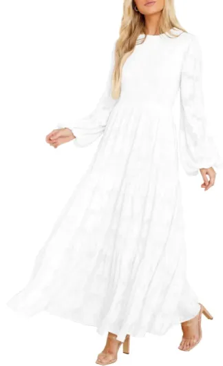 Women's Elegant Floral Long Sleeve Round Neck Smocked A-Line Flowy Tiered Maxi Dress with Pockets Medium White