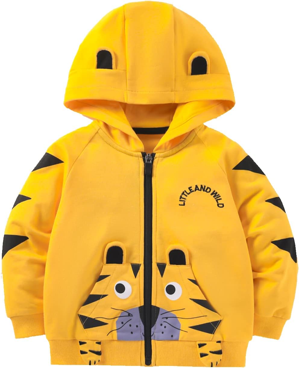 Akyzic Baby Boys Zip Up Hoodie Toddler Boys Jacket Cartoon Winter Long Sleeve Hooded Sweatshirt Tops Fall Coat Kids 2-7 Years D-cute Tiger/Yellow 4-5T