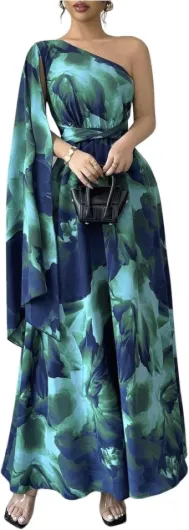 Women's One Shoulder Evening Formal A Line Maxi Dress Floral Cocktail Long Bridesmaid Dress with Cape Medium Green