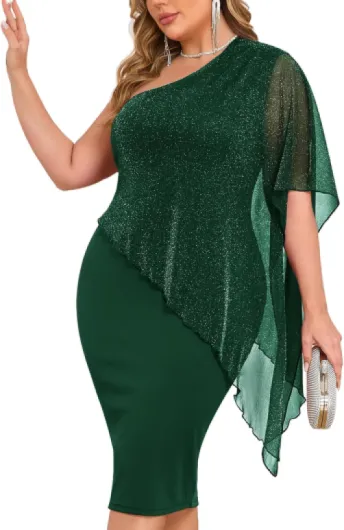 Plus Size One Shoulder Cape Dress Sparkly Overlay Bodycon Midi Wedding Guest Formal Cocktail Mother of Bride Outfit Dark Green X-Large Plus