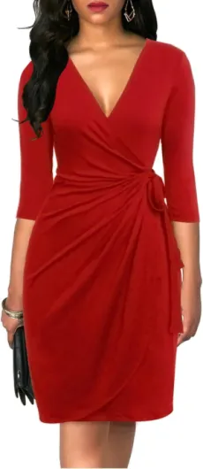 Women's Classic 3/4 Sleeve V Neck Sheath Casual Party Work Faux Black Wrap Dress X-Large Red