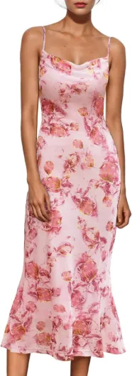 Women Summer Floral Mesh Wedding Guest Cocktail Spaghetti Strap Dress X-Large Print Pink