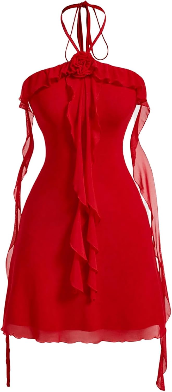 Women's Summer Dresses Halter Bodycon Irregular Ruffle Trim 3D Flower Cami Mini Party Club Dress Small Plain Red