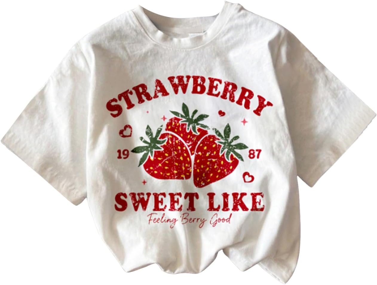 Girl's Graphic Print Tee Shirt Round Neck Short Sleeve T Shirts Summer Cute Trendy Tops 10 Years Strawberry White