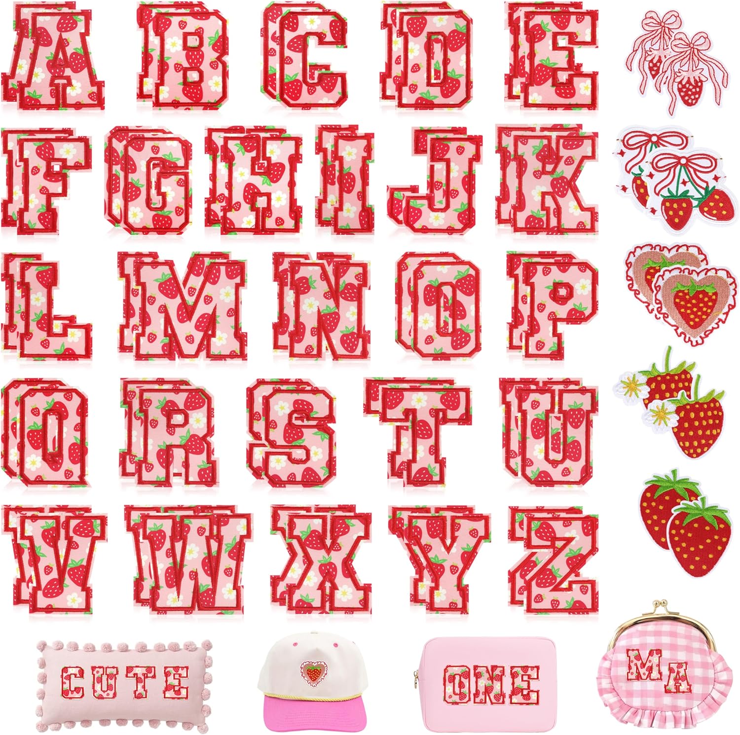 Letters Iron On Patches for Clothing: 62PCS Strawberry Varsity Embroidered Patch for Girls Daughter - Cute A-Z Alphabet Applique DIY Crafts for Backpacks Bags Hats Jackets 62PCS Strawberry Letters