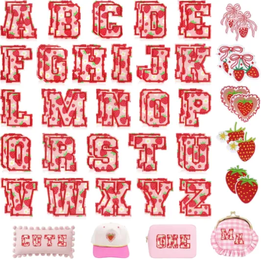 Letters Iron On Patches for Clothing: 62PCS Strawberry Varsity Embroidered Patch for Girls Daughter - Cute A-Z Alphabet Applique DIY Crafts for Backpacks Bags Hats Jackets 62PCS Strawberry Letters