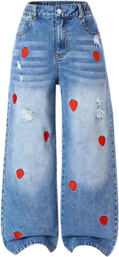 Girl's Heart Embroidered Y2k Denim Pants Elastic High Waist Wide Leg Jeans with Pockets 8 Years Medium Blue Strawberry