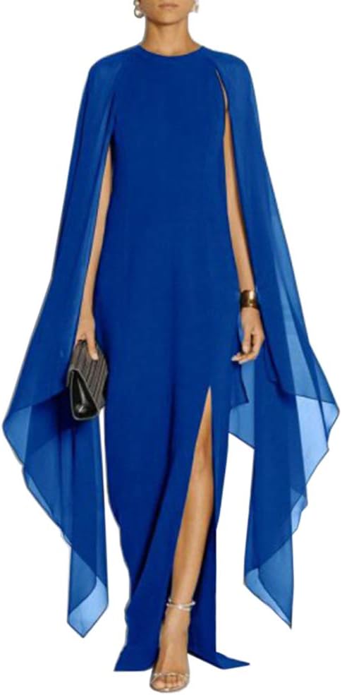 Women's Elegant High Split Flare Sleeve Formal Evening Gowns Maxi Dress with Cape XX-Large Blue