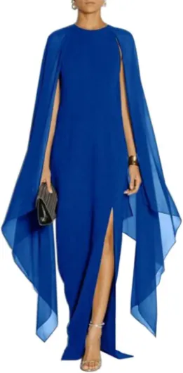 Women's Elegant High Split Flare Sleeve Formal Evening Gowns Maxi Dress with Cape XX-Large Blue