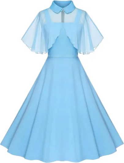 1950s Dresses for Women Vintage Goth Swing Cocktail Dress with Pockets and Chiffon Shawl Medium Light Blue