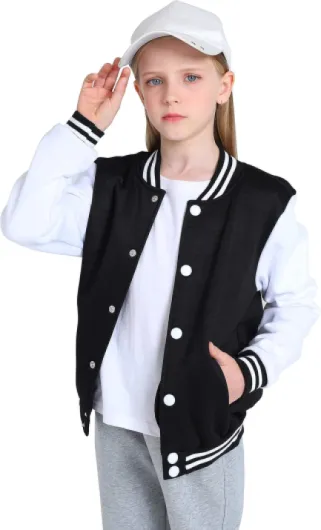 Girls Varsity Jacket Kids Baseball Lightweight Jacket Fleece Coat Button Closure School Outwear 2-14 Years 13-14 Years 1# Black