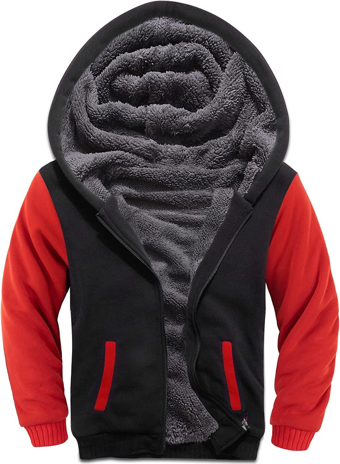 Boys Sherpa Lined Hoodie Kids Fleece Sweatshirt Full Zip Hooded Jacket B-black/Red 14