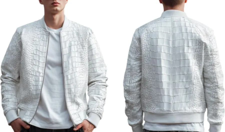 White Bomber Jacket Mens Exotic Crocodile Embossed Leather Jacket Alligator Texture Leather Coat Zip-Up Luxury Formal Wear 3X-Large