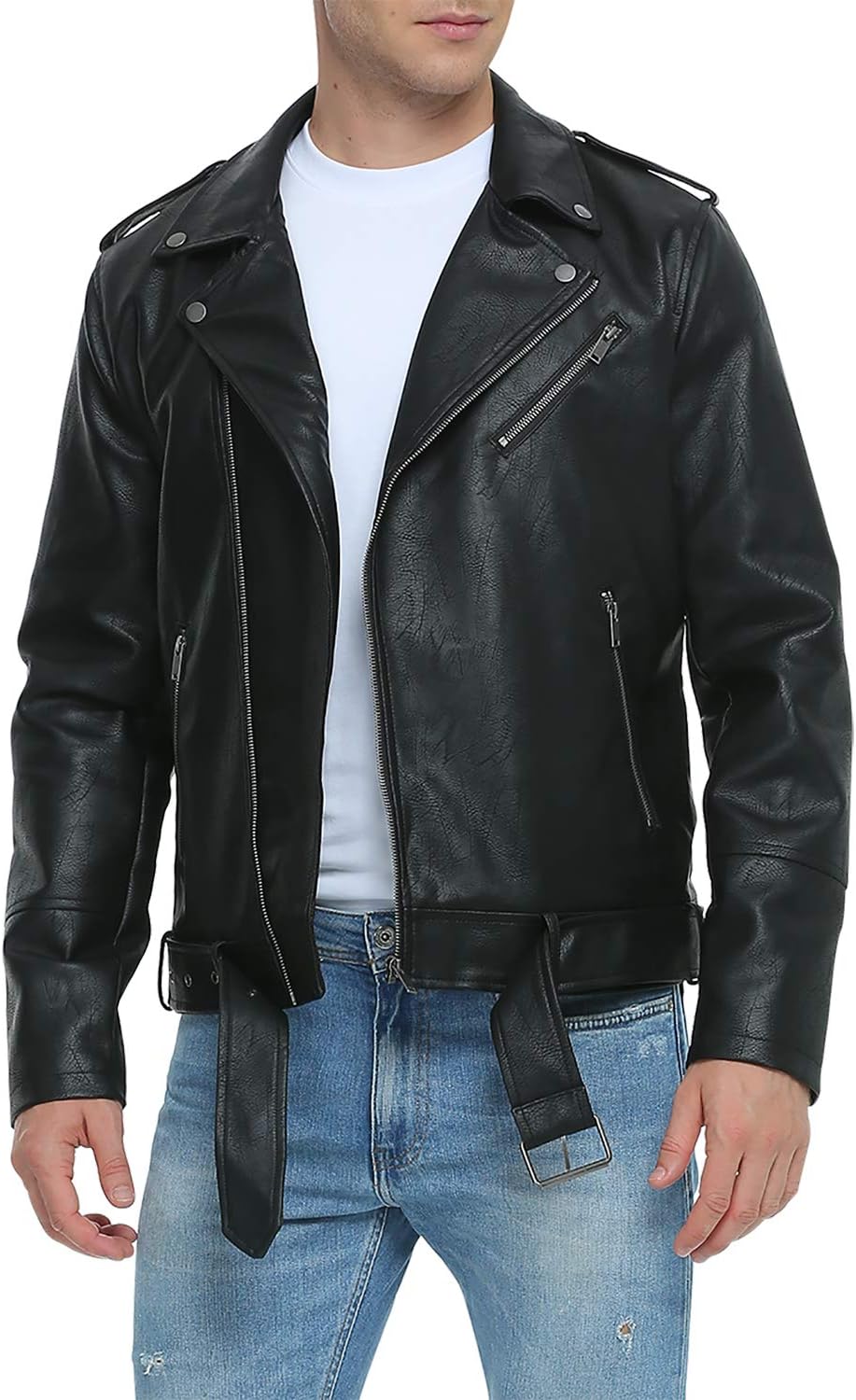 Leather Jackets for Men, Faux Bomber Jacket Mens Motorcycle Lapel Asymmetric Zip-Up Belt Slim Fit Biker Coat X-Large Black