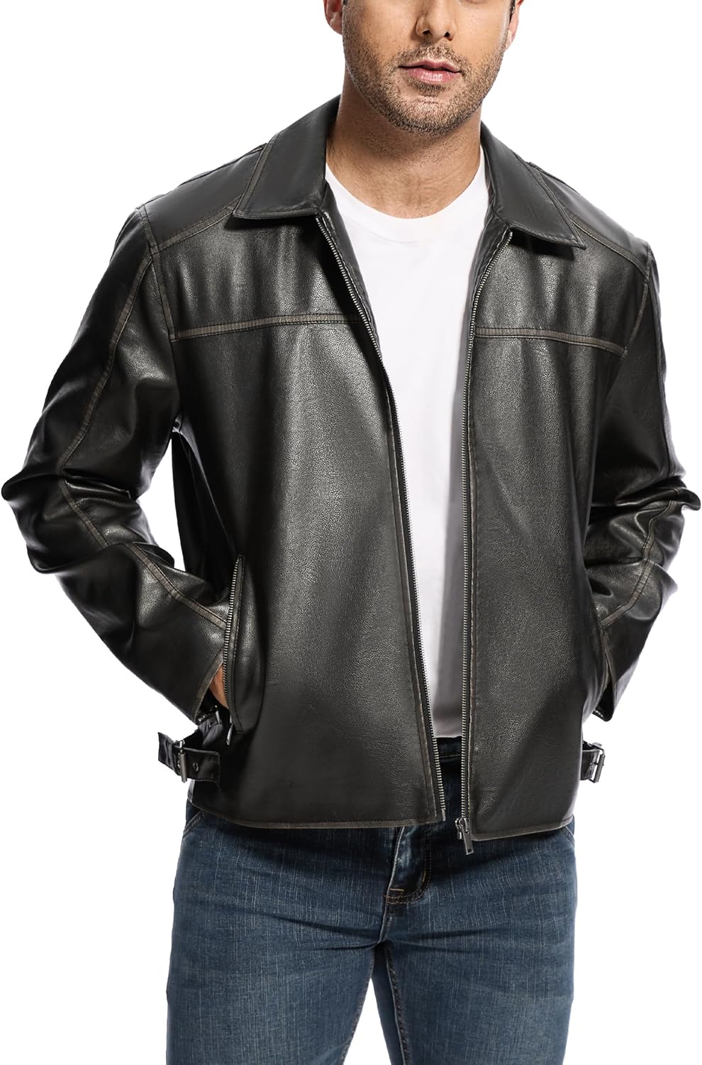 Leather Jacket Men Faux Lightweight Bomber Jackets Mens Motorcycle Vintage Lapel Coats with Zipper and Pockets Faded Black XX-Large