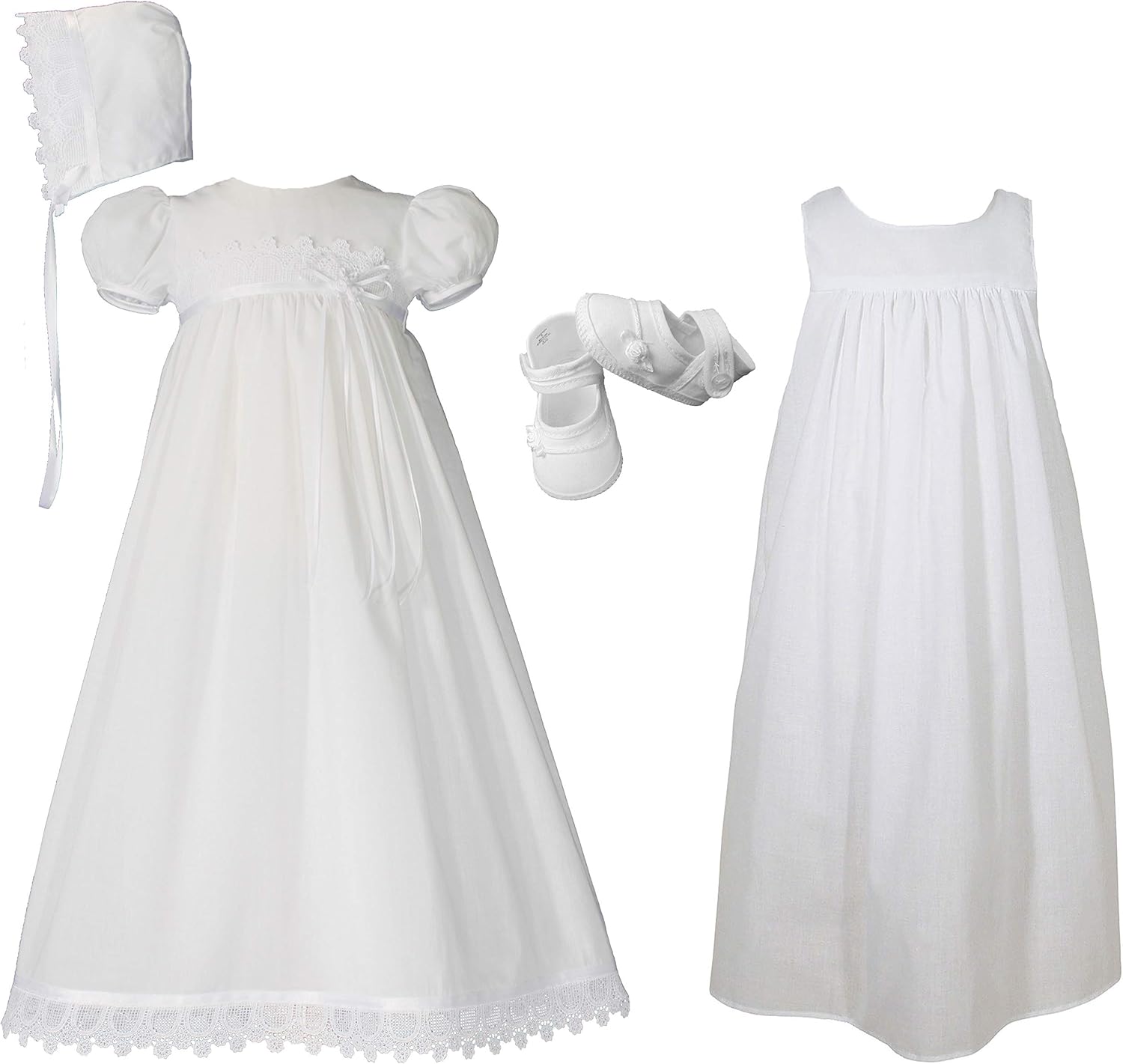 100% Cotton Handmade Girls Christening Special Occasion Dress with Italian Lace Newborn White Dress & Hat + Slip + Rosebud Shoes