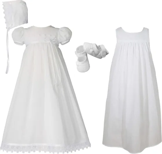 100% Cotton Handmade Girls Christening Special Occasion Dress with Italian Lace Newborn White Dress & Hat + Slip + Rosebud Shoes