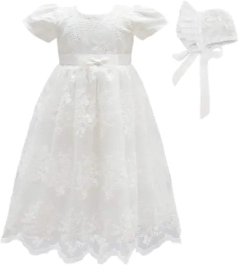 Baby Girls Christening Baptism Dress Newborn Floral Embroidered Lace Dresses for Toddler 0-6 Months Cap Sleeve Dress & Hat Off-white Dress & Hat