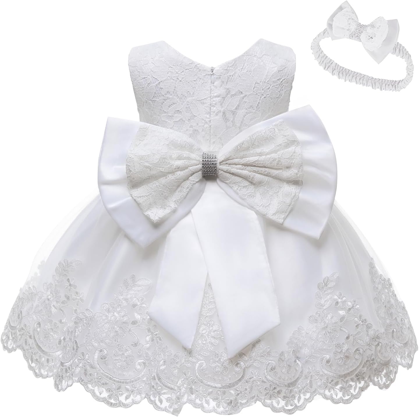 Baby Girls Ruffle Lace Backless with Headwear,Bowknot Flower Dresses Pageant Party Wedding Baby Girl Christmas Dress 0-3 Months White
