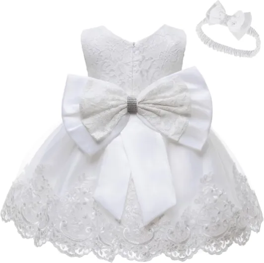 Baby Girls Ruffle Lace Backless with Headwear,Bowknot Flower Dresses Pageant Party Wedding Baby Girl Christmas Dress 0-3 Months White