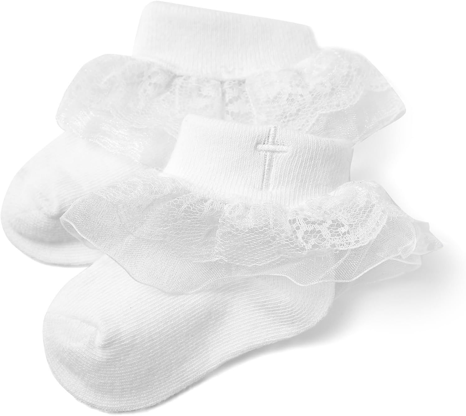 Baptism Socks for Baby Girls - White Newborn Christening Socks With Cross & Eyelet Frilly Lace 0-12 Months A-white