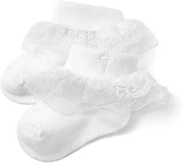 Baptism Socks for Baby Girls - White Newborn Christening Socks With Cross & Eyelet Frilly Lace 0-12 Months A-white