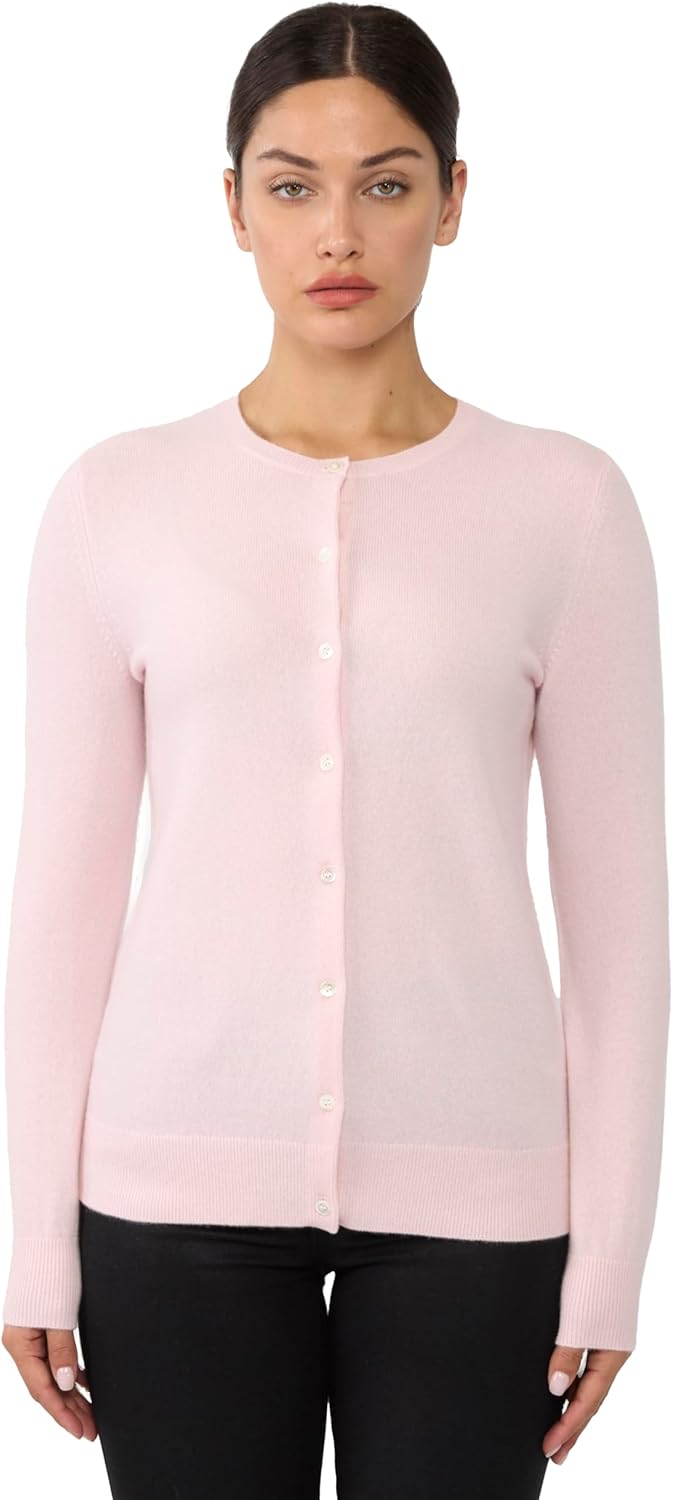 Women's 100% Cashmere Button Front Long Sleeve Crewneck Cardigan Sweater Large Petal Pink