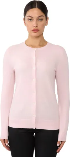 Women's 100% Cashmere Button Front Long Sleeve Crewneck Cardigan Sweater Large Petal Pink