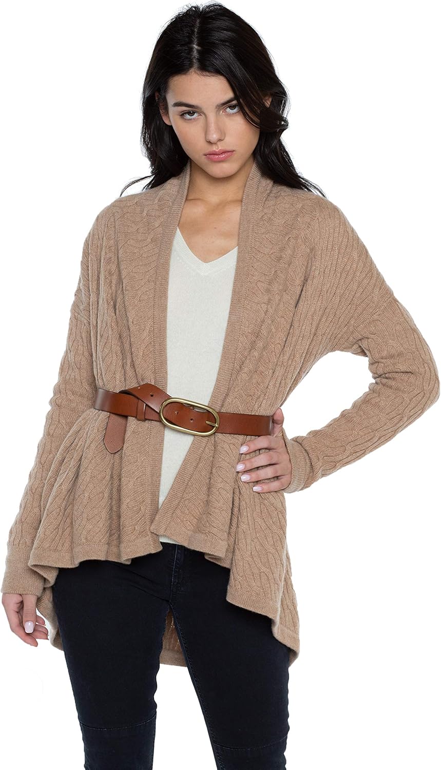 Women's 100% Pure Cashmere 4-ply Cable-Knit Drape-Front Open Cardigan Sweater Large Camel