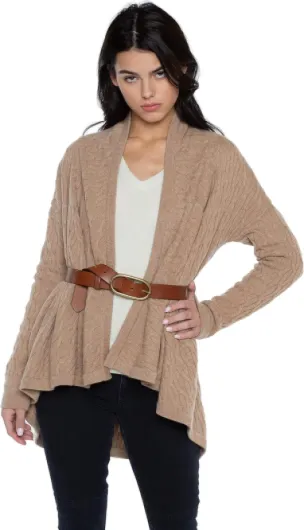Women's 100% Pure Cashmere 4-ply Cable-Knit Drape-Front Open Cardigan Sweater Large Camel