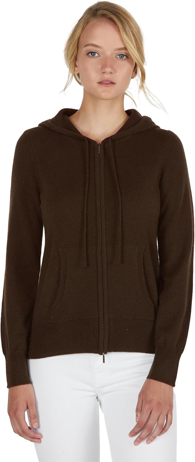 Women's 100% Pure Cashmere Long Sleeve Zip Hoodie Cardigan Sweater X-Large Chocolate