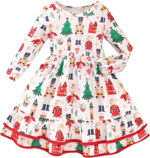 Toddler Girl Christmas Dress Little Kid Long Sleeve Dinosaur Santa Swing Ruffle Casual Dress Xmas Clothes 2-7 Year 4# Christmas Tree 5T