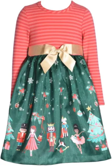 Girls 2T-16 Stripe Knit Shantung Nutcracker Christmas Dress 4T Red-green