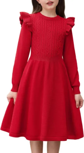 Girls Sweater Dress Fall Winter Lantern Long Sleeve Cable Knit Pullover Midi Dresses 5-6 Red
