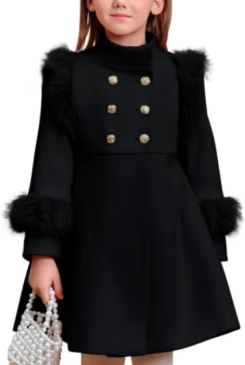 Toddler Girls Faux Fur Dress Coat Kids Winter Warm Jacket Long Sleeve Button Wool Coat 12 Months - 12 Years 7-8 Years Black