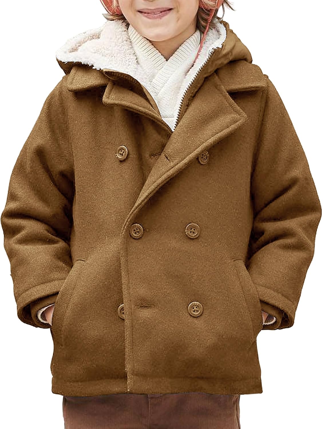 Boys Wool Blend Winter Coat Notched Collar Double Breasted Hooded Pea Coat Warm Outwear 9-10 Years Brown