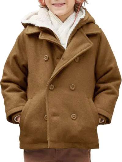 Boys Wool Blend Winter Coat Notched Collar Double Breasted Hooded Pea Coat Warm Outwear 9-10 Years Brown