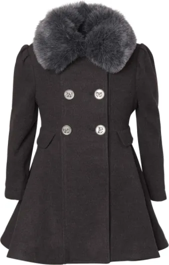 Cremson Girls? Wool Look Princess Winter Dress Pea Coat Jacket Faux Fur Collar 7-8 Charcoal