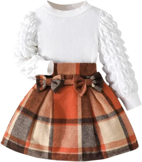 Toddler Girls Plaid Outfits Girls Puff Sleeve Knit Ribbed Shirt Tops Plaid Skirt Set Kids Fall Winter Clothes Orange-brown 8 Years